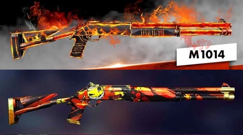 Senjata M1014 Underground Howl (atas) dan M1014 Demolitionist pada game Free Fire. 