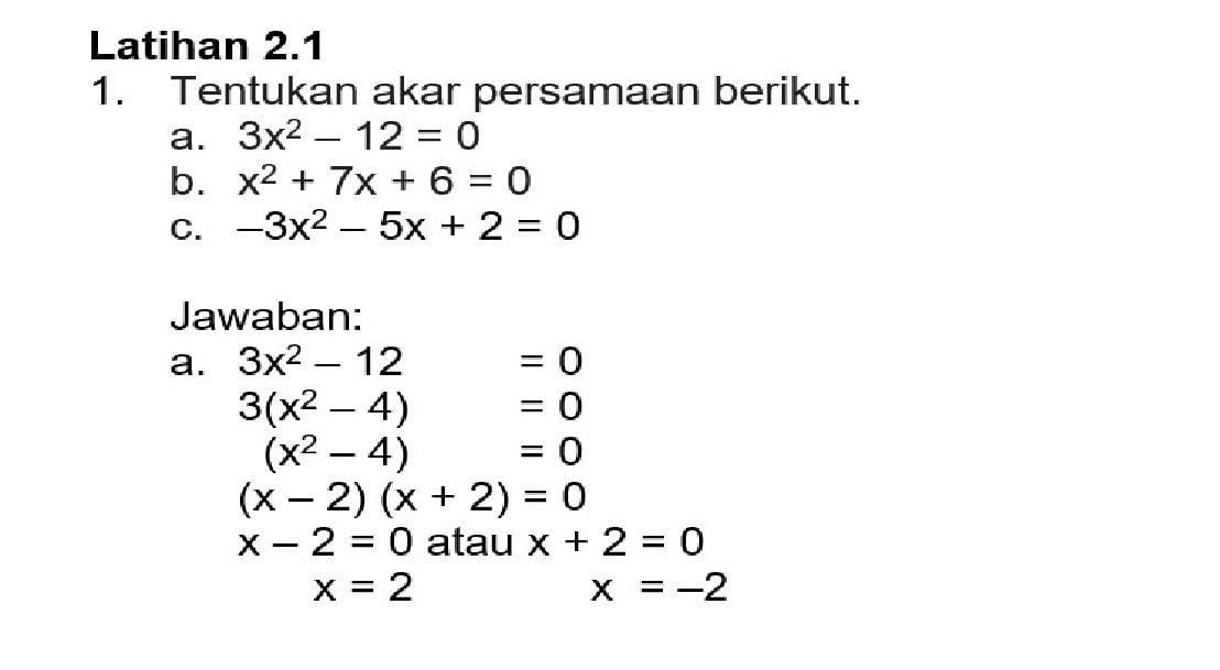 Kunci Jawaban Matematika SMP MTs :Persamaan Kuadrat Kelas 9 Latihan 2.1 ...