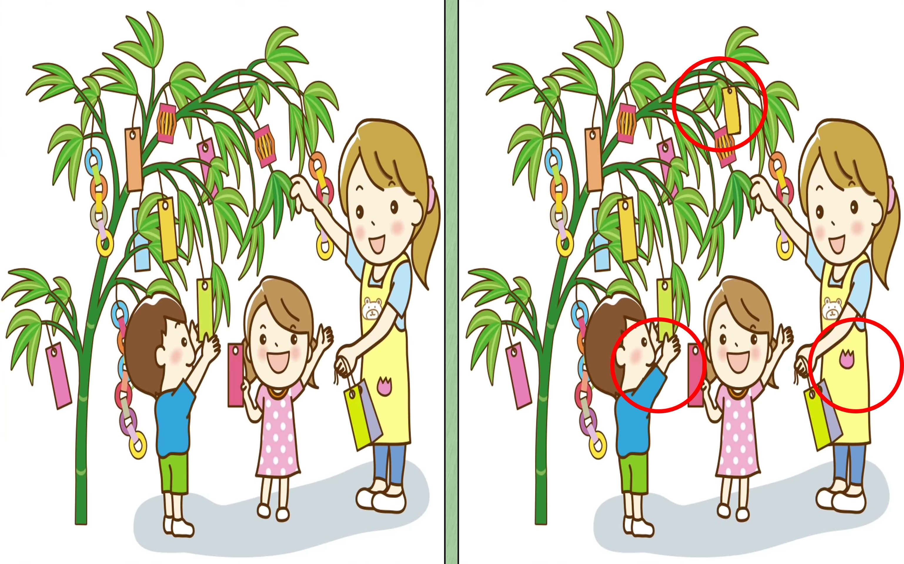 Jawaban tes fokus dalam menemukan perbedaan pada gambar anak dan pohon.