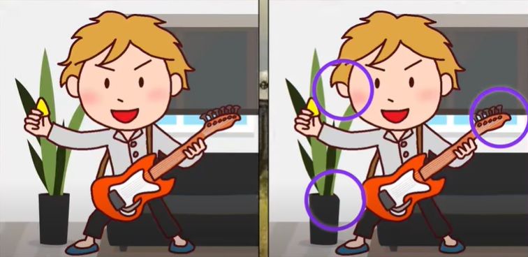 Letak tiga perbedaan dalam gambar orang yang bermain gitar ini.*