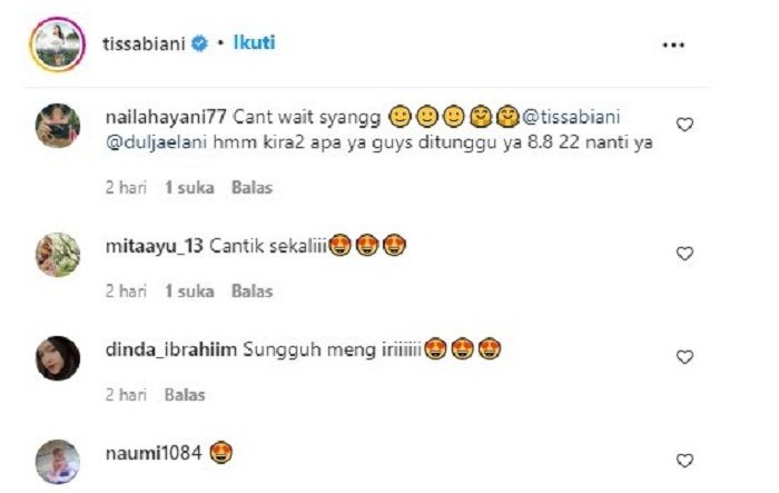 Komentar netizen tidak sabar menunggu kabar hubungan Tissa Biani dan Dul Jaelani