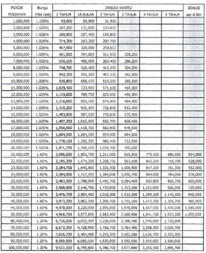 Tabel Angsuran Pinjaman BRI 100 juta