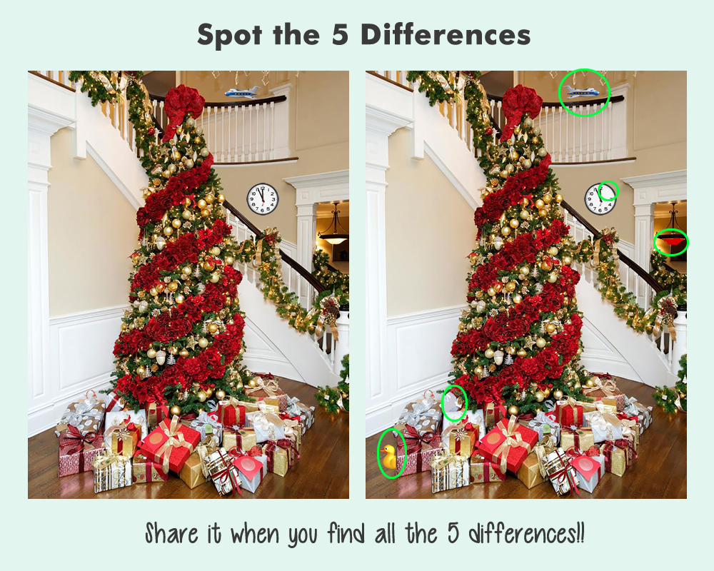 Jawaban tes fokus dalam menemukan 5 perbedaan pada gambar pohon Natal. 