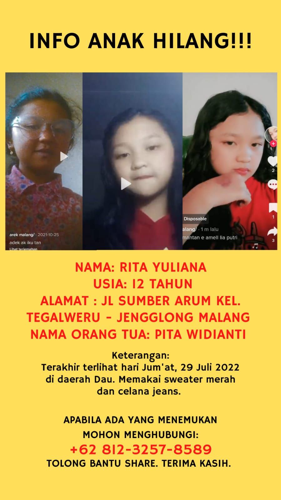 Info anak hilang bernama Rita Yuliana di daerah Malang 