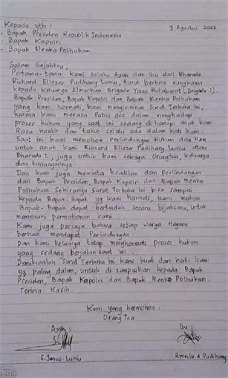 Isi surat Bharada Eliezer atau Bharada E di Manado kepada Jokowi.
