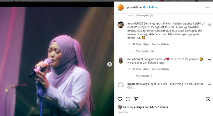 Komentar netizen yang membela Putri Delina. 