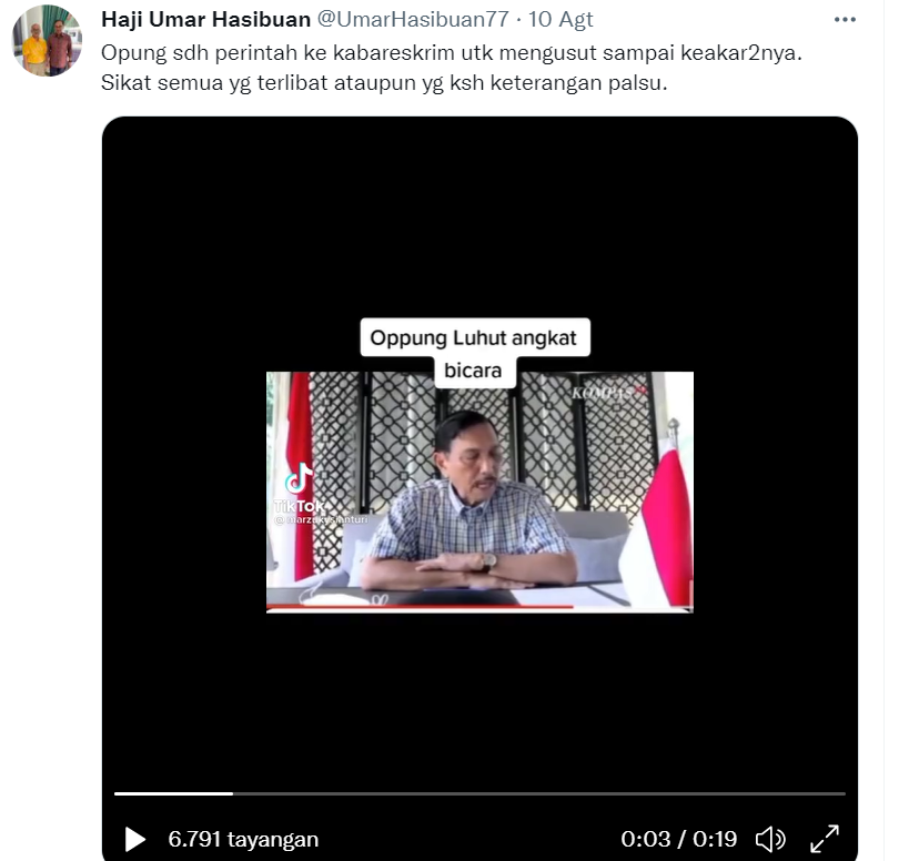 Tweet Umar Hasibuan yang memperlihatkan Luhut Binsar Pandjaitan minta Kabareskrim untuk usut tuntas sampai ke akar-akarnya