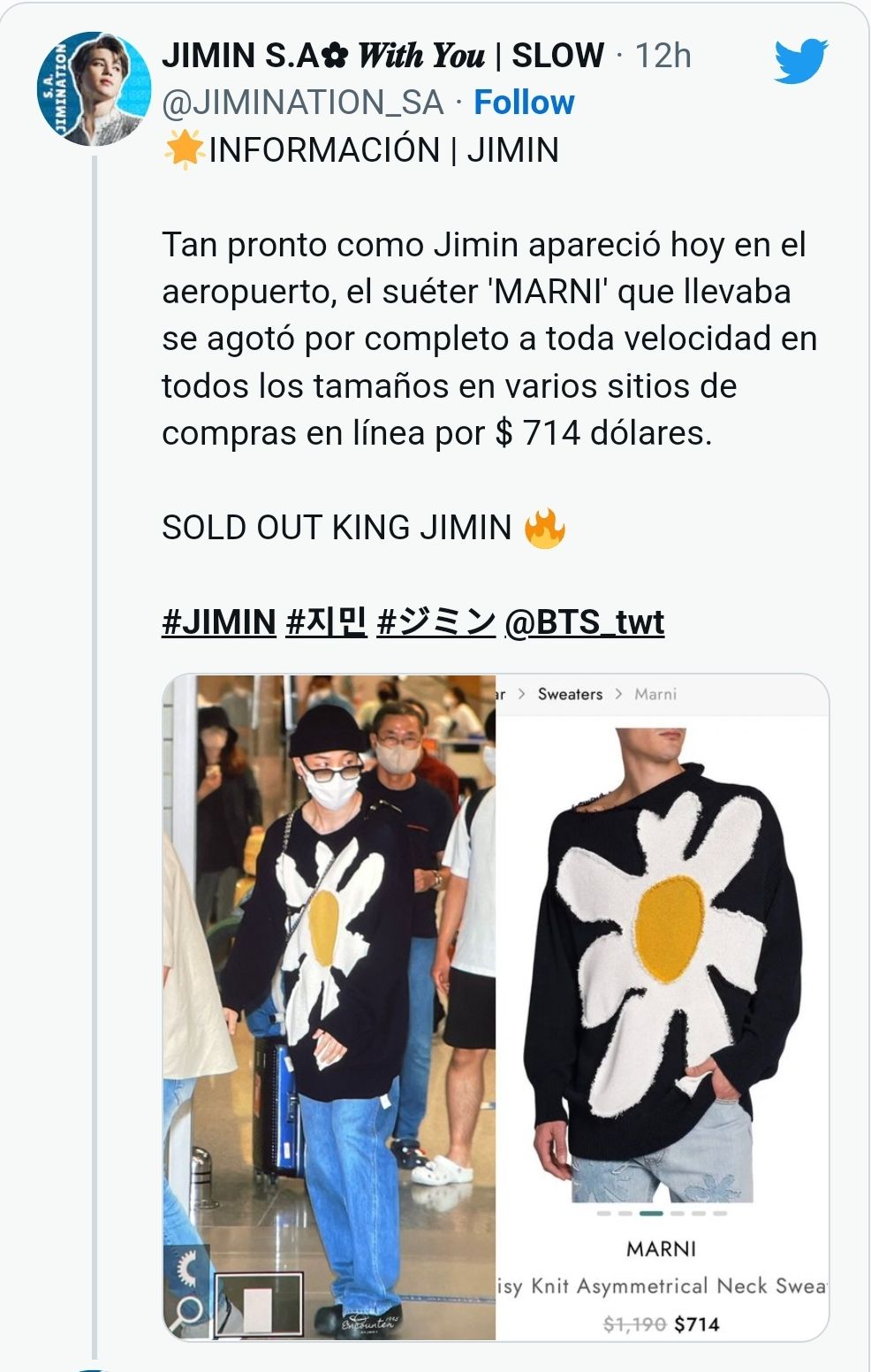 Pakaian yang dikenakan Jimin BTS saat tiba di Bandara Incheon, setelah jadwal pribadinya di AS, langsung SOLD OUT dalam waktu singkat./Allkpop