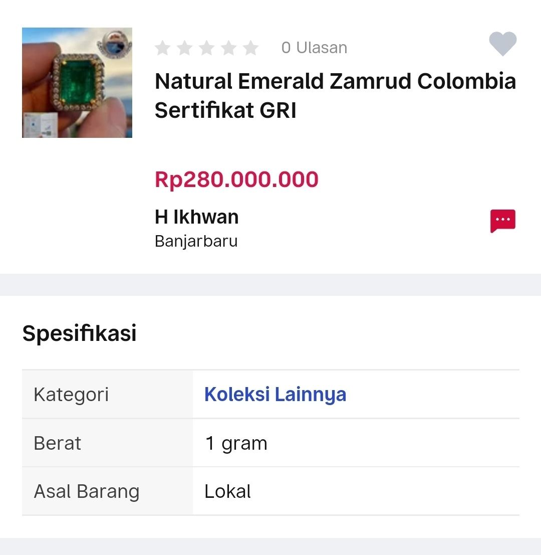 Harga satu gram Zamrud Colombia /screenshot app onlineshop