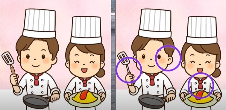 Jawaban tes fokus dalam menmeukan perbedaan pada gambar dua orang yang sedang memasak. 