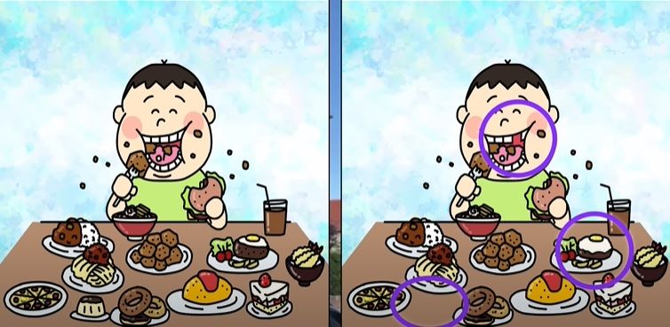 Jawaban tes fokus dalam menemukan perbedaan dalam gambar bocah yang sedang makan. 