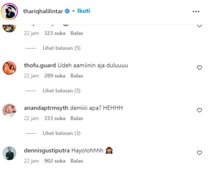 Komentar netizen tentang unggahan Thariq Halilintar dan Fuji.