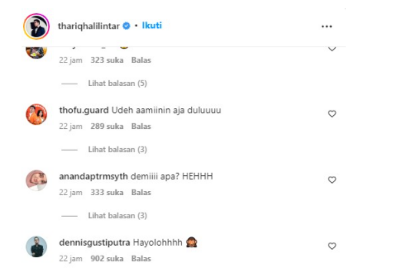 Komentar netizen di akun Instagram @thariqhalilintar.