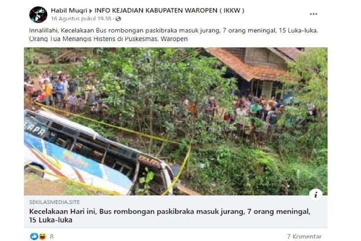 Tangkapan layar unggahan berisi narasi yang menyatakan bus rombongan Paskibraka kecelakaan di Papua.