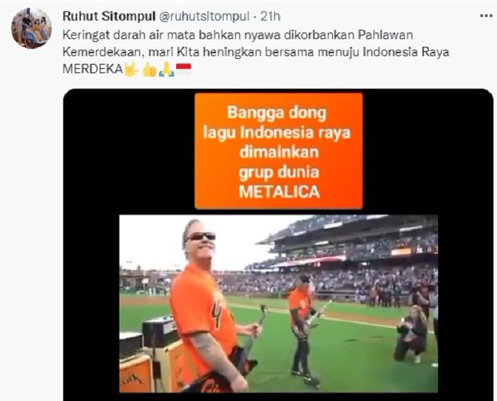 Hoaks grup musik Metallica memainkan lagu Indonesia Raya diunggah politisi kutu loncat yang kini aktif di PDI Perjuangan.