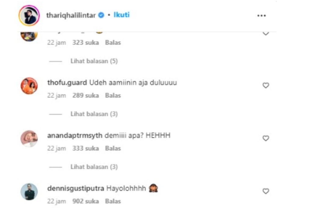Komentar netizen di akun Instagram @thariqhalilintar.