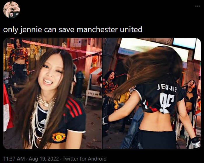 Cuitan salah satu netizen Twitter, mengenai penampilan Jennie BLACKPINK yang mengenakan jersey MU.