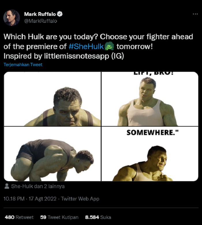 Mark Ruffalo menantang penggemar untuk memiilih satu mood Hulk favorit untuk penayangan perdana She-Hulk: Attorney at Law.*
