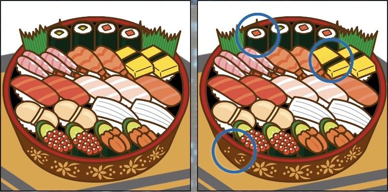 Ada tiga perbedaan yang dibuat oleh ilustrator pada gambar sushi.