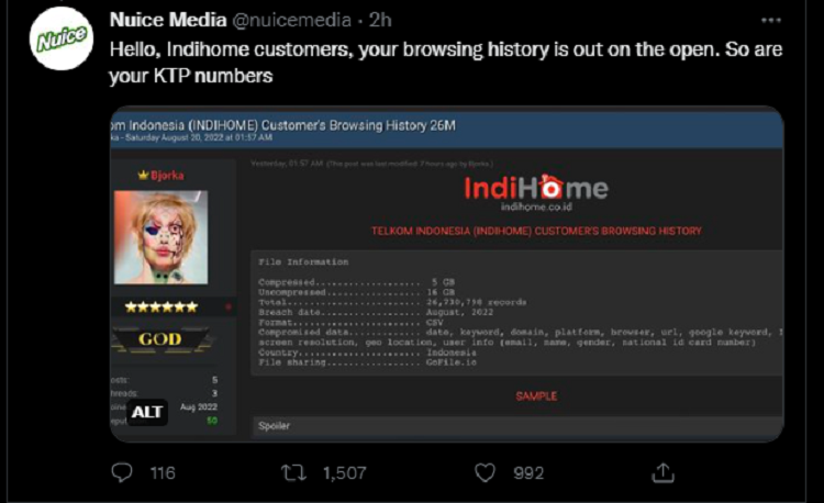 Tangkapan layar unggahan Nuice Media terkait kebocoran data browsing pengguna IndiHome.