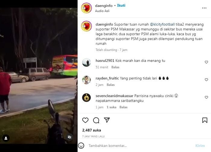 Postingan dari akun Instagram @daenginfo terkait peristiwa penyerangan suporter Kuala Lumpur City terhadap suporter PSM Makassar usai laga AFC Cup