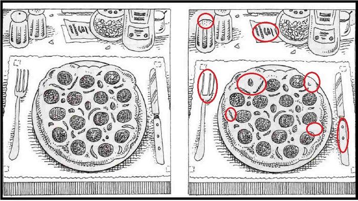 Ada delapan perbedaan pada gambar pizza.