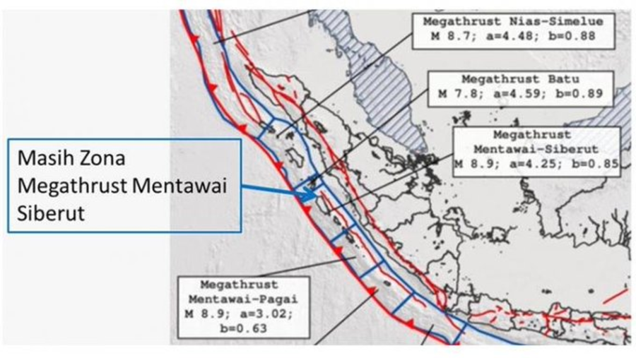 Koordinator Bindang Mitigasi Gempa Bumi dan Tsunami BMKG Daryono menyampaikan peta yang disebut sebagai generator gempa Siberut 6,1 pada segmen Mentawai Siberut pagi ini.