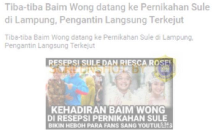 Konten hoaks yang menyebut Sule melaksanakan resepsi dengan Riesca Rose dan dihadiri Baim Wong di Lampung