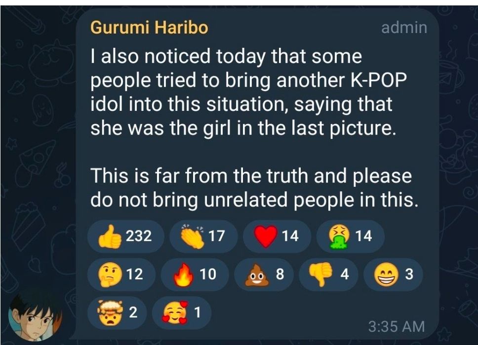 Tangkapan layar Telegram dari obrolan grup Gurumi Haribo/Pengguna Telegram melalui @rooky_sm/Twitter/Koreaboo