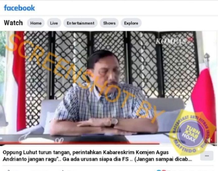 Konten hoaks yang menyebut Luhut Pandjaitan memerintahkan Kabareskrim untuk mengusut kasus pembunuhan Brigadir J