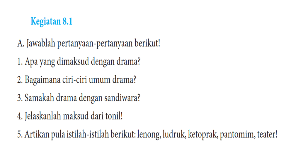 Kunci Jawaban Bahasa Indonesia Kelas 8 SMP MTs Halaman 204, Kegiatan 8.1 Pengertian Drama - Ringtimes Bali