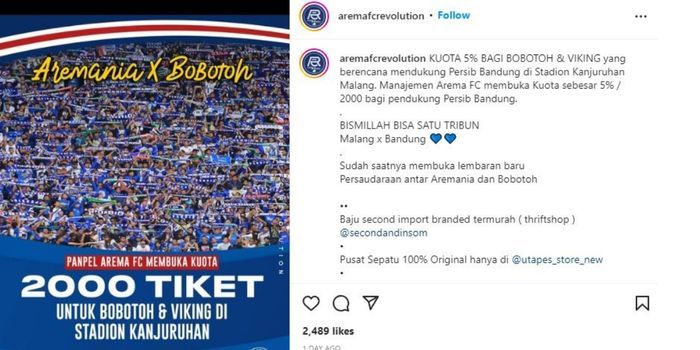 Panpel Arema FC sediakan 2000 tiket untuk bobotoh Persib Bandung.