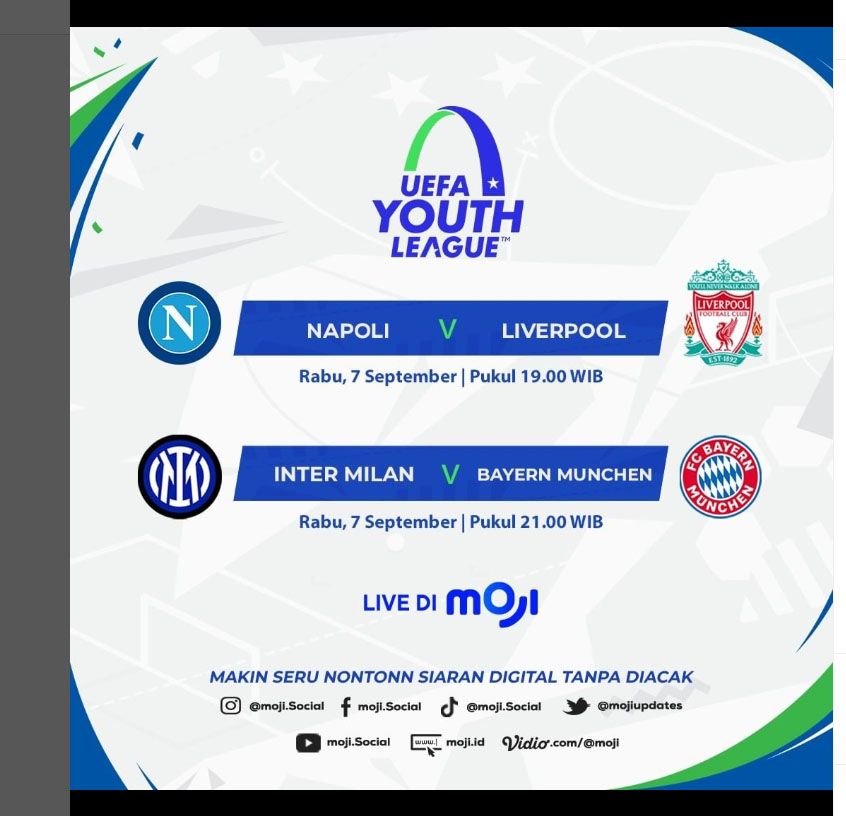 Jadwal Acara TV MOJI TV Rabu, 7 September 2022 Ada Live Dua UEFA Youth League, BRI Liga 1 Dan VNL 2022