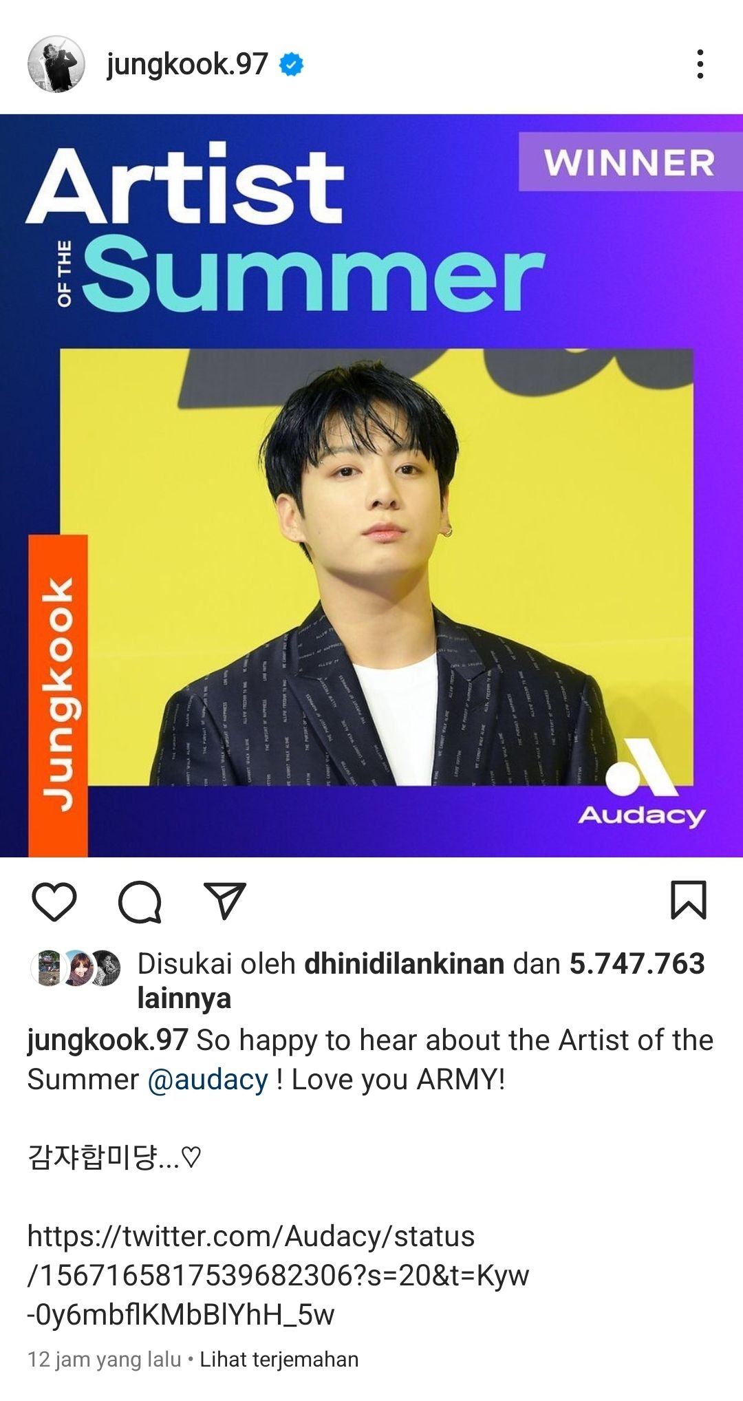 Jungkook BTS mengucapkan terima kasih kepada ARMY atas kemenangannya menjadi Artist Of The Summer./Instagram/@jungkook.97