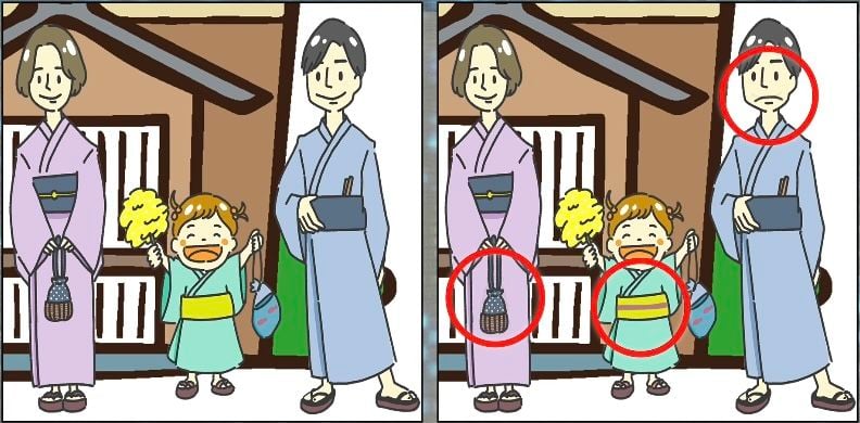 Ada 3 perbedaan di antara 2 gambar keluarga Jepang.