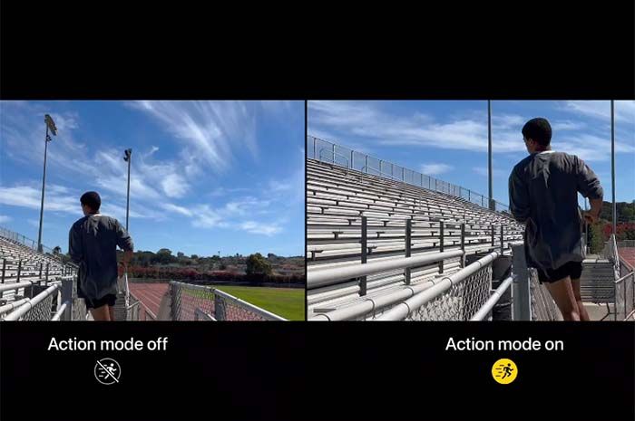 Fitur Action Mode terbaru menghasilkan video yang tampak sangat halus yang menyesuaikan dengan goyangan, gerakan, dan getaran yang signifikan, bahkan saat video diambil di tengah aksi.