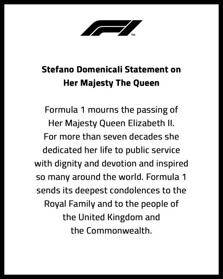 Ucapan duka cita Presiden dan CEO Formula 1, Stefano Domenicali atas meninggalnya Ratu Elizabeth II.