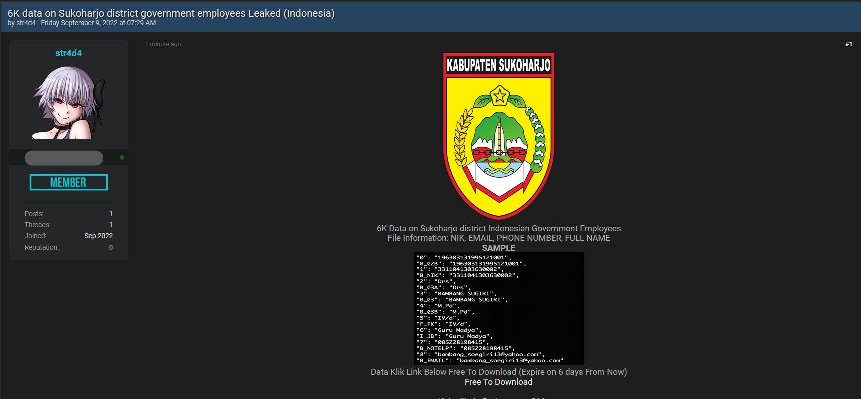 Susul Aksi Bjorka, Hacker str4d4 Ikut Bocorkan Data Pegawai Pemerintah Kabupaten Sukoharjo