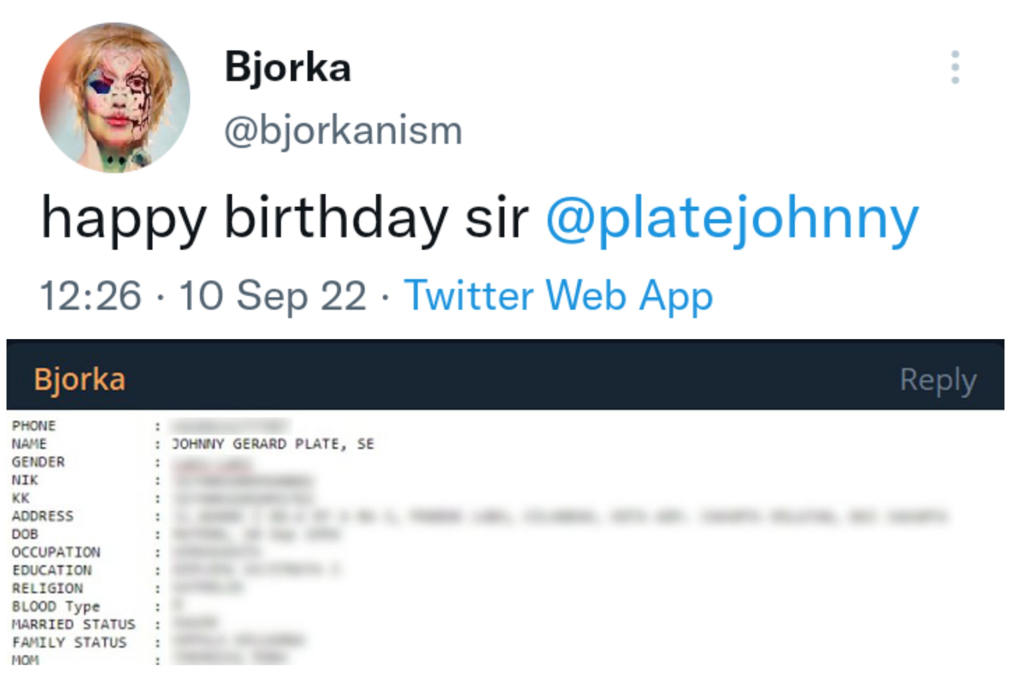 Cuitan Twitter hacker Bjorka soal dugaan kebocoran data pribadi Menkominfo Johnny G Plate.