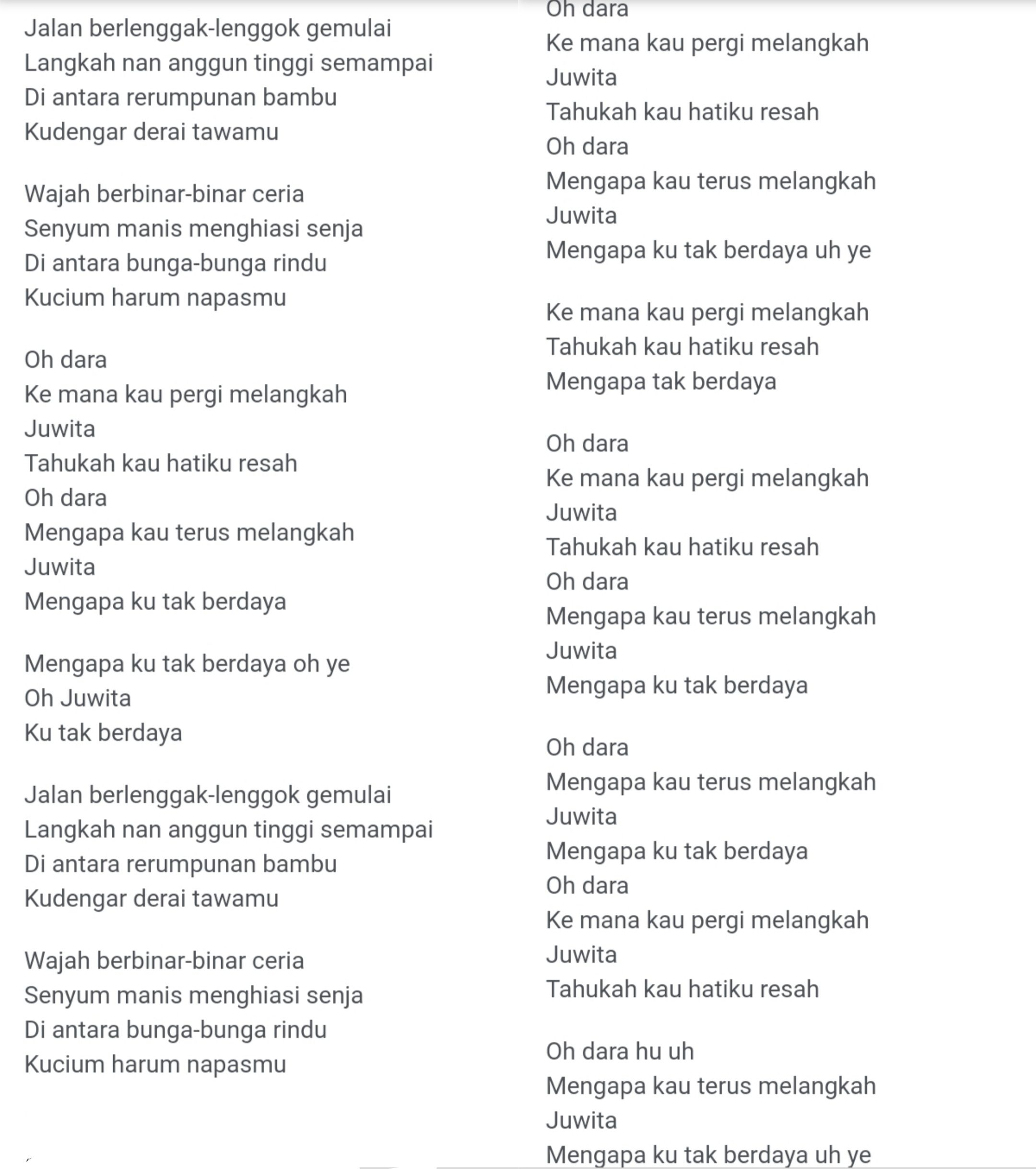 lirik lagu oh dara mengapa kau terus melangkah judul Lenggang Puspita afghan yang viral di TikTok FYP