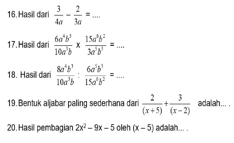 Latihan Soal Isian Tes Sumatif Matematika SMP MTs Kelas 7 Materi Bentuk ...