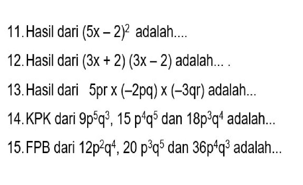 Latihan Soal Isian Tes Sumatif Matematika SMP MTs Kelas 7 Materi Bentuk ...