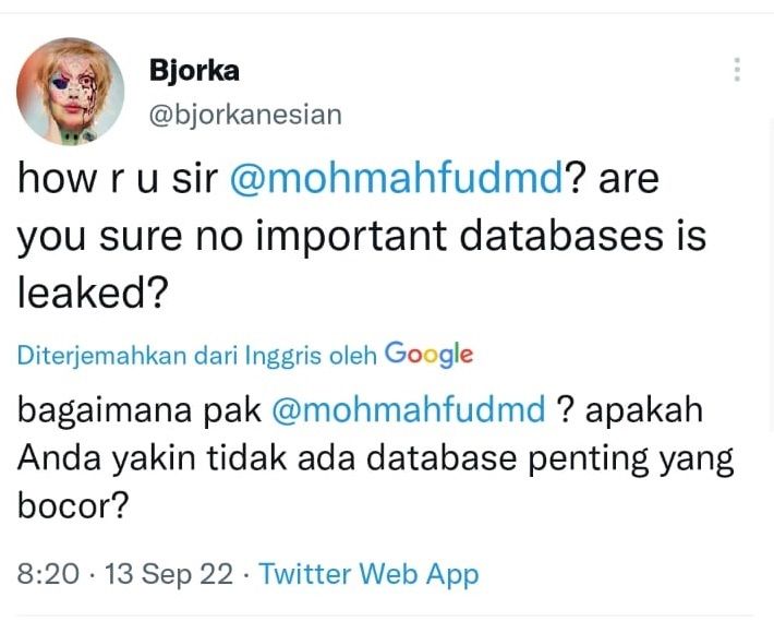 Tangkapan Twitter balasan Bjorka pada Mahfud MD.