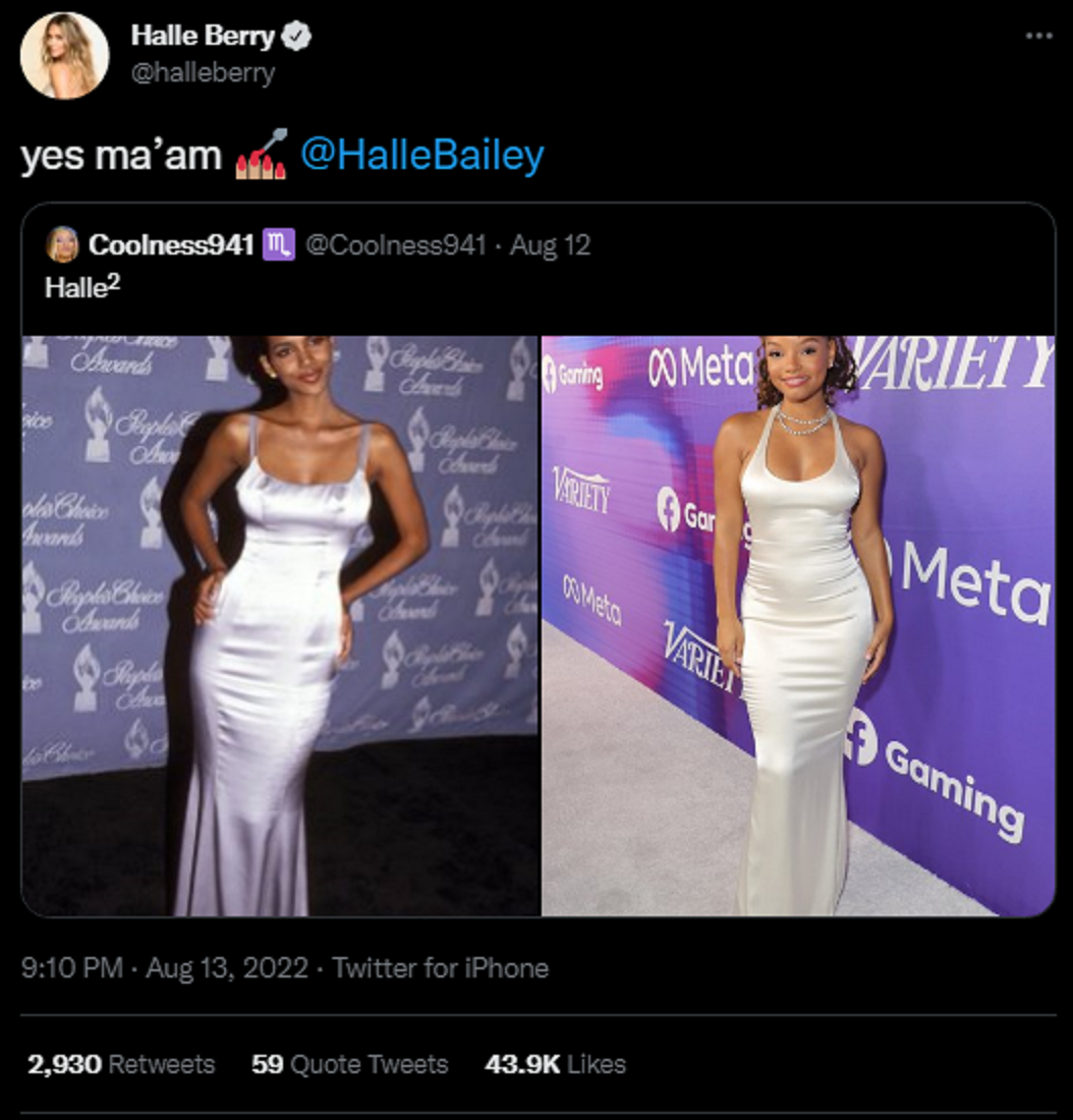 Halle Berry membalas postingan fans dan menandai akun Halle Bailey di Twitter