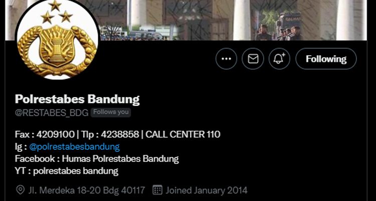 Akun Twitter Polrestabes Bandung sudah berhasil dipulihkan setelah kena hack, Kamis 15 September 2022.