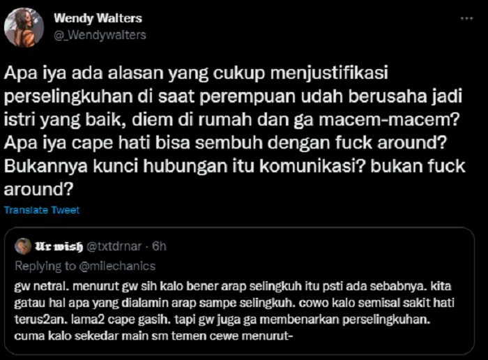 Unggahan Wendy Walters di Akun Twitternya