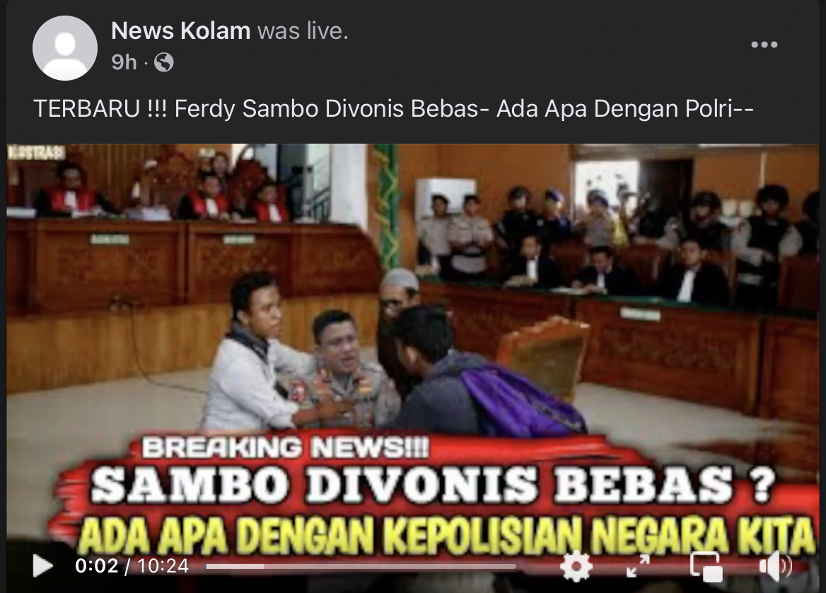 Thumbnail video yang menyebut Ferdy Sambo divonis bebas dalam kasus Brigadir J