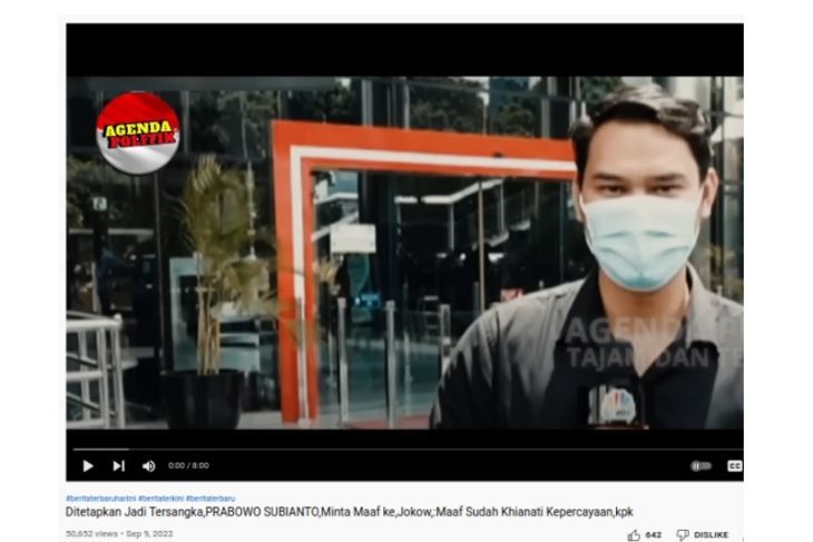 Tangkapan layar video berisi narasi yang menyatakan Prabowo Subianto minta maaf ke Jokowi karena menjadi tersangka KPK (YouTube)