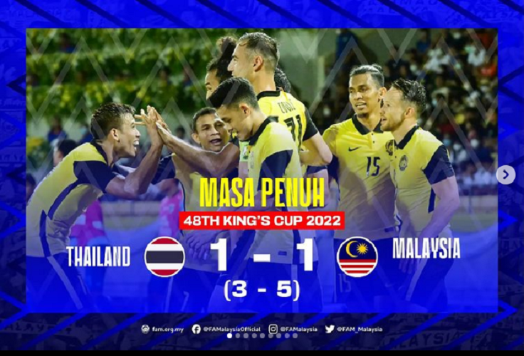 UPDATE Hasil Skor Akhir Thailand vs Malaysia King’s Cup 2022 Imbang 1-1: Berapa Poin Ranking FIFA Malaysia?