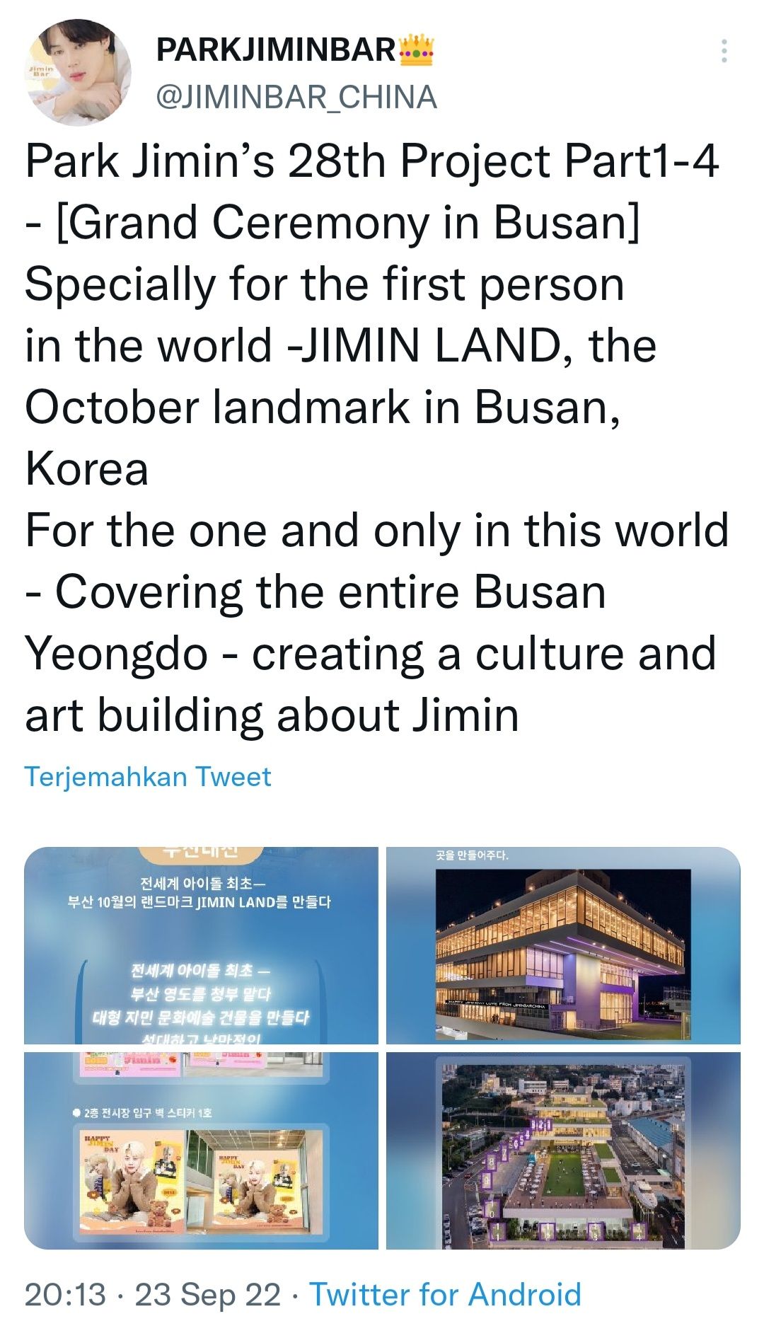 Jimin Land, dukungan ulang tahun Jimin BTS yang ke-27 dari Park Jimin Bar./Twitter/@JIMINBAR_CHINA